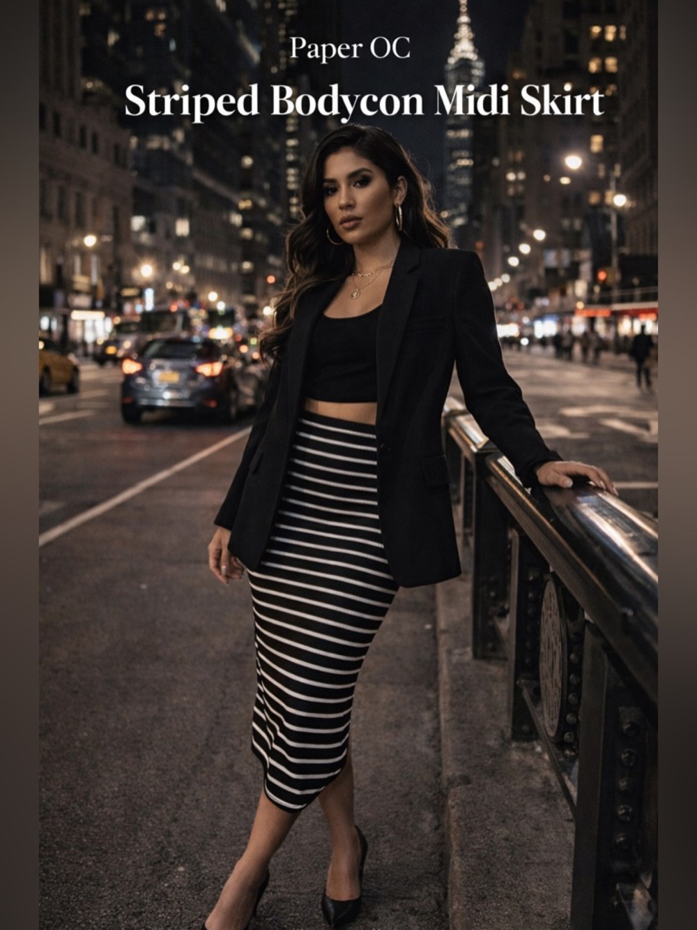 Paper OC Black & White Striped Bodycon Midi Skirt Size Large
